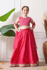 Girls Rani Pink Embroidered Lehenga Choli Set with Dupatta Festive Ethnic Wear