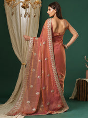 Women's Satin Silk Peach Embroidered Designer Saree With Blouse Piece