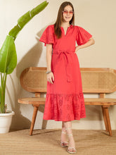 Women's Red Cotton Schiffli Maxi Dress