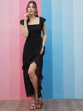 Black Square Neck Flutter Sleeves Ruffled Detailed Maxi Dress