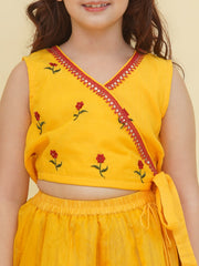 Girls Yellow Embroidered Choli & Yellow Digital Flower Print Ready to Wear Lehenga