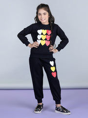 Girls Black Heart Printed Track Suit