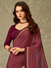 ساري نسائي من الكريب مطبوع باللون الأرجواني بتصميم أنيق مع قطعة بلوزة