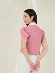 Women's Red Check Shirt with Pointed White Collar