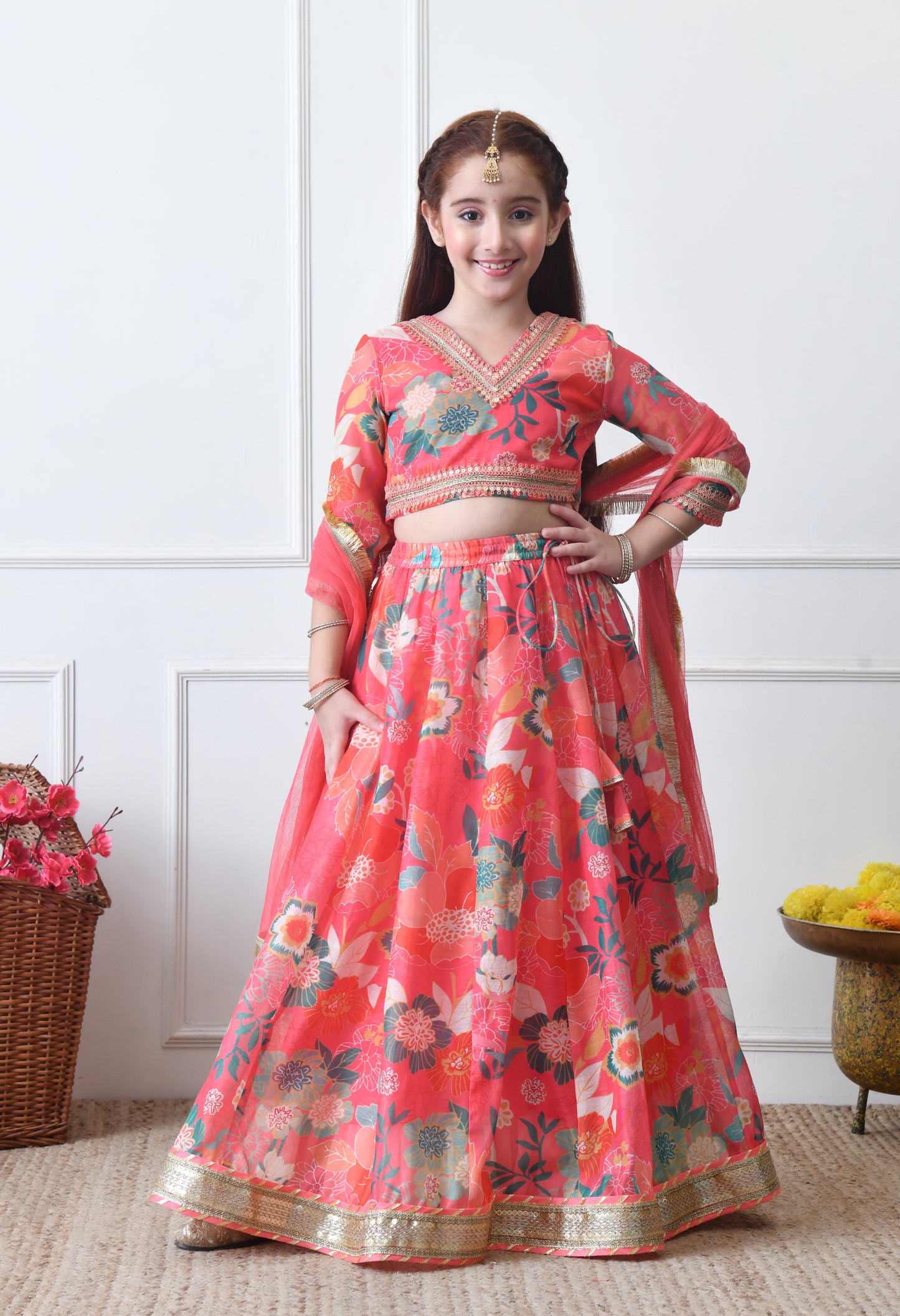 Girls Coral Floral Printed Lehenga Choli Set with Net Dupatta