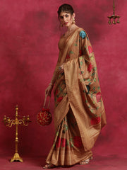 ساري نسائي بني مطبوع من مزيج القطن مع قطعة بلوزة