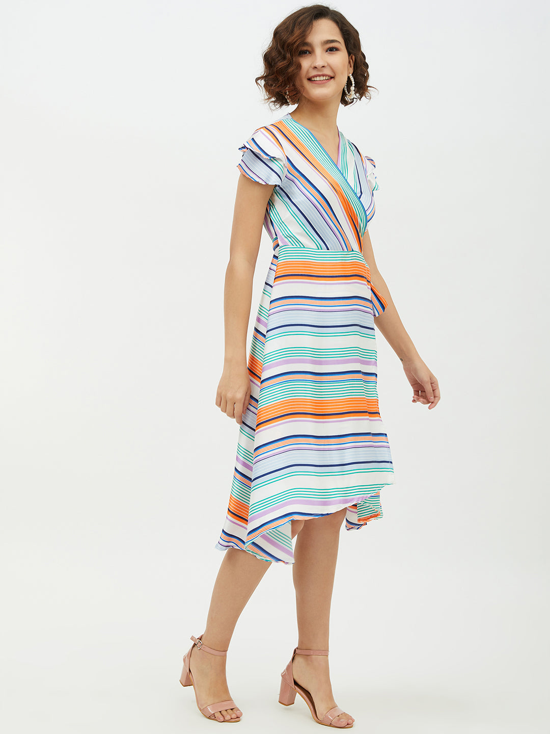 StyleStone Women's Polyester Satin Striped Wrap Dress