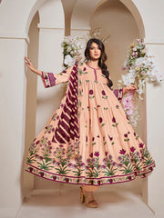 Peach Floral Printed Flared Tier Anarkali Kurta with Palazzos Dupatta.