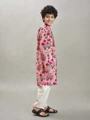 Bittu By Bhama - Boys Peach floral printed  kurta with a off  white pajama