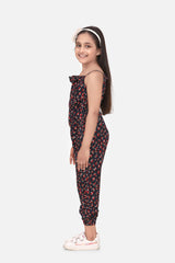 Girls Red and Black Printed Rayon Jumpsuit