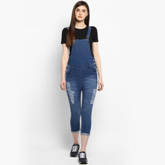 Women's Distressed Stretchable Denim Capri Style Dungarees(inner not provided)