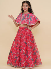 Girls Pink & Green Printed Choli Cape style Pink Ready to Wear Lehenga.