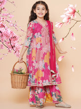 Silk blend Woven Three-Quarter Sleeves Floral Print Flared Kurta And Sharara With Dupatta Set - Pink