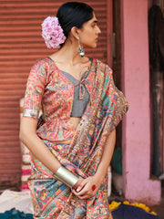 ساري نسائي بيج مطبوع من مزيج الحرير مع قطعة بلوزة