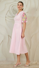 Embroidered Puff Sleeves Cotton Fit & Flare Midi Dress