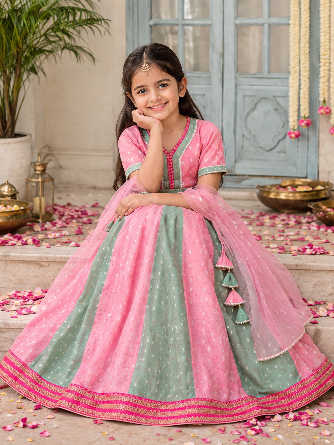 Girls Prach & Green Woven Design with Embroidered Patti Lehenga, Choli, Dupatta