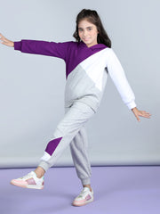 Girls Purple and White Color Blocked Tracksuit