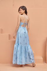 Light Blue Tiered Fit Satin Maxi Dress