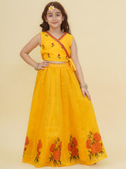 Girls Yellow Embroidered Choli & Yellow Digital Flower Print Ready to Wear Lehenga