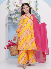Girls Yellow Leheriya Printed Angrakha Kurta with Sharara with dupatta