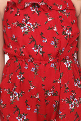Girls Red Printed Rayon Jumpsuit