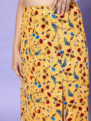 تنورة ميدي نسائية بفتحة جانبية مزينة بالزهور - أصفر