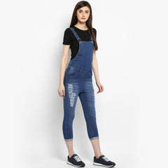 Women's Distressed Stretchable Denim Capri Style Dungarees(inner not provided)
