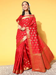 Women's Silk Blend Red WovenDesign CelebritySaree With Blouse Piece