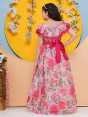 Silk Woven Sleeveless Flower Print Flared Frock - Pink