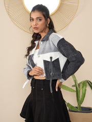 Women's Black Denim Crop Jacket with Color Blocking patchwork detail