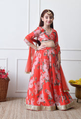 Girls Red Floral Printed Lehenga Choli Set with Net Dupatta