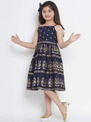 Cotton Blend Woven Sleeveless Foli Print Flared Frock - Blue