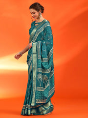 ساري نسائي أزرق مطبوع من القطن والحرير مع قطعة بلوزة