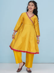 Solid Three-Fourth Sleeves Above Knee Length Silk Kurta With Trousers - Yellow