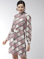Women's Polyester Lavender Belt Print Manderin Collar Dress with belt