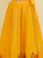Girls Yellow Embroidered Choli & Yellow Digital Flower Print Ready to Wear Lehenga
