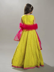 Girls Lime Green & Pink with Embroidered Ready to Wear Lehenga & Choli with Dupatta