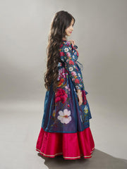 Girls Pink & Terquois Blue Digital Print Ready to Wear Lehenga With Choli