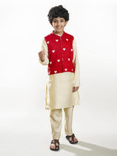Boys off white kurta pajama with a red embroidery jacket