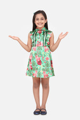 Girls Green Floral Satin Dress