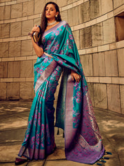 Women's Satin Silk Teal blue Woven Design Designer Saree With Blouse Piece