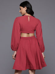Varanga Women Rust Round Neck, Cut-Out Detail On Waist, Knee Length Dress