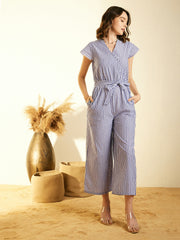 Women's Blue Stripe Cotton Jumpsuit
