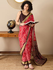 Women's Bhagalpuri Silk Red Printed Ready to Wear With Blouse Piece