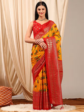 ساري نسائي أصفر مطبوع من مزيج القطن مع قطعة بلوزة