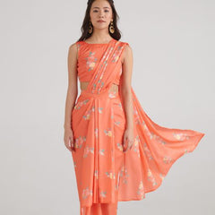 Bright Orange Slit Saree Set