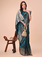 Banarasi Silk Saree with Silver Zari Woven Pallu & Border - Wedding & Festive Wear Elegance