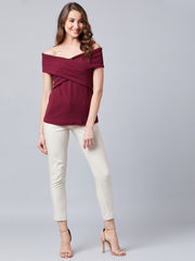 Burgundy Pleated Bardot Top