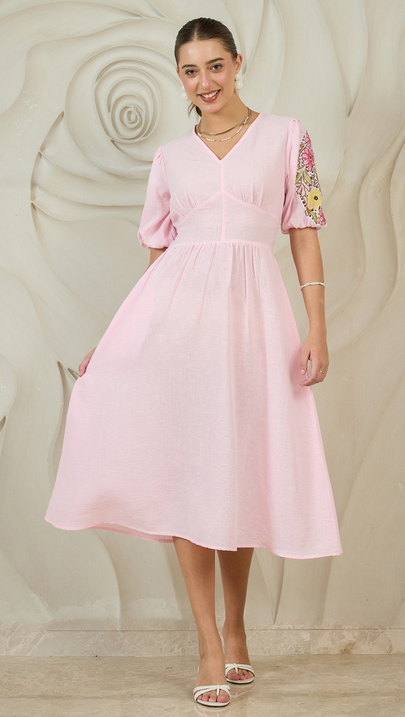 Embroidered Puff Sleeves Cotton Fit & Flare Midi Dress