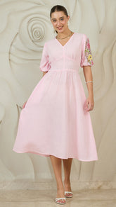 Embroidered Puff Sleeves Cotton Fit & Flare Midi Dress